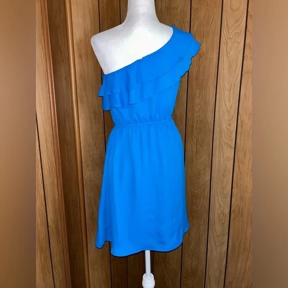 AYLA one shoulder mini blue ruffle dress size small - Picture 3 of 8